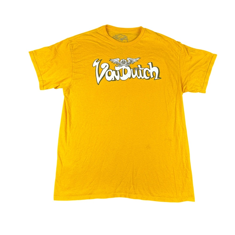Von Dutch Mens Yellow Flying Eyeball Graphic T-Shirt Vintage Y2K Skate Tee Large